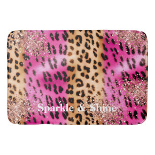 Pink Leopard Print Rose Gold Glitzy Glitter  Bath Mat