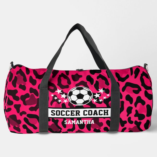 Pink Leopard Print Soccer Coach Name  Duffle Bag (Front)