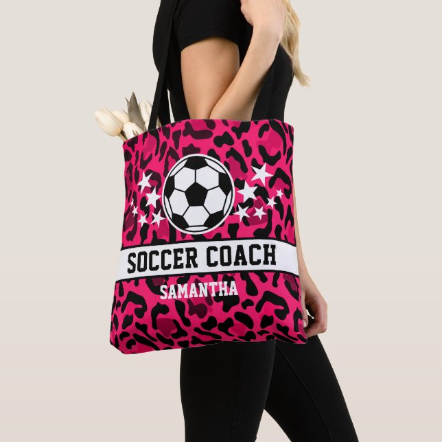 Pink Leopard Print Soccer Coach Name  Tote Bag (Close Up)