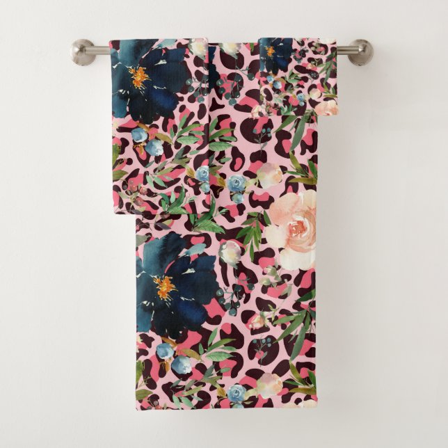Pink Leopard Print Watercolor Floral Bath Towel Set (Insitu)