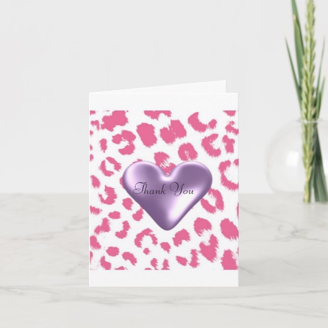 Pink Leopard Print with a Puffy Heart Thank You Card (Front)