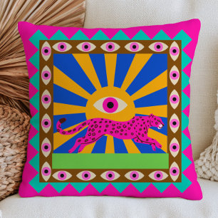 Pink Leopard Retro Yellow Sunrays Funky Evil Eyes Throw Pillow