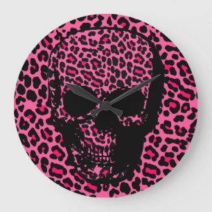 Pink leopard skin print punk skull large clock