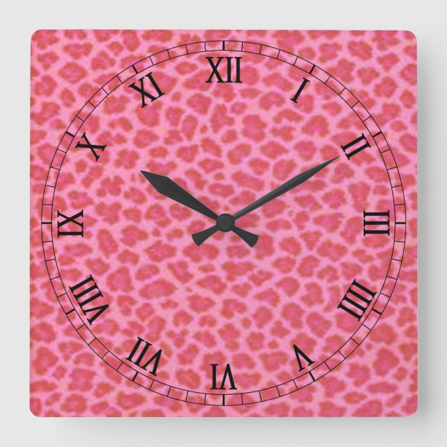 Pink Leopard Skin Square Roman Numerals Clock (Front)
