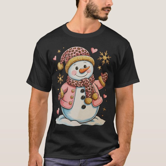 Pink Leopard Snowman Glitter Christmas Xmas Girly T-Shirt (Front)
