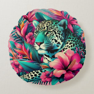 Pink Leopard Tropical Art  Round Pillow