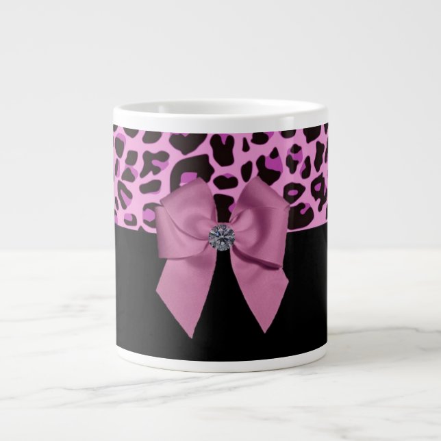 Pink Leopard with Bow and Diamond Large Coffee Mug (Front)
