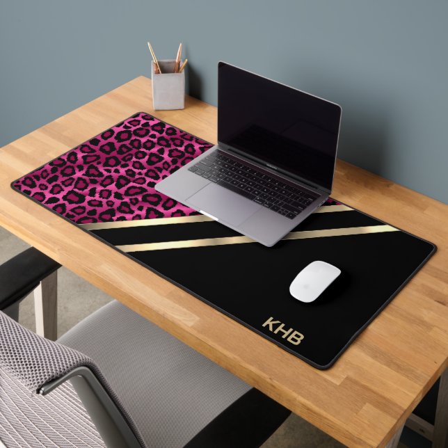 Pink Leopard with Gold & Black - Monogram Desk Mat (Office 2)