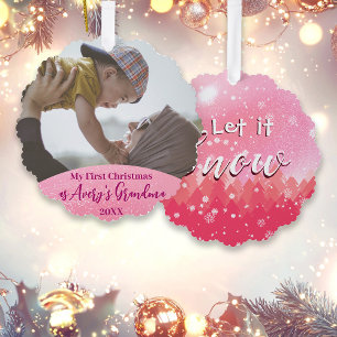 Pink Let it Snow 1st Christmas as Grandma Photo Ornament Card