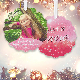 Pink Let it Snow Baby 2nd Christmas Custom Photo Ornament Card