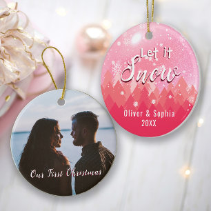 Pink Let it Snow First Christmas Photo Ceramic Ornament