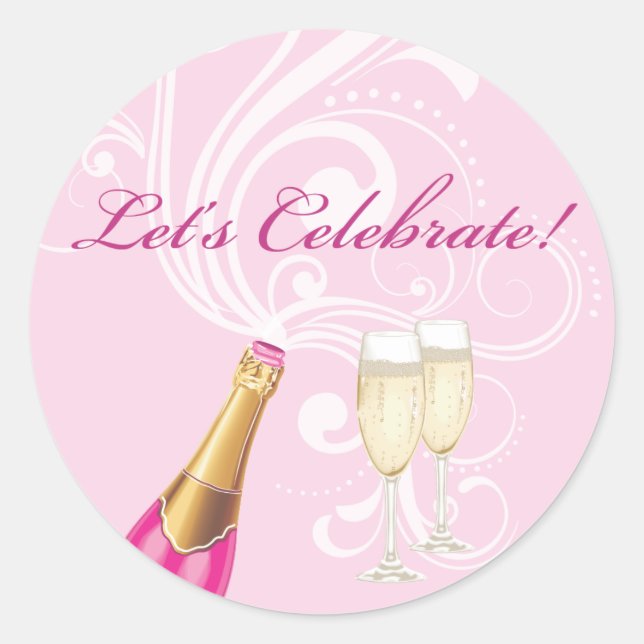 Pink "Lets Celebrate!" Champagne Sticker (Front)