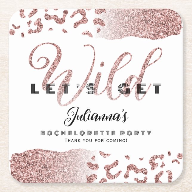 Pink Let's Get Wild Animal Print Bachelorette Bach Square Paper Coaster (Front)