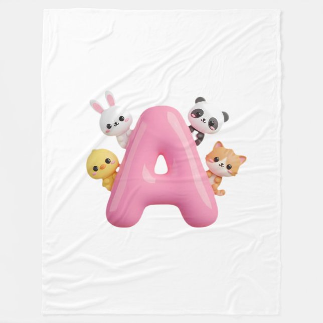 Pink Letter A Forest Animals Baby Blanket (Front)