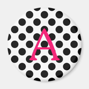 Pink Letter A on Black Polka Dots Magnet