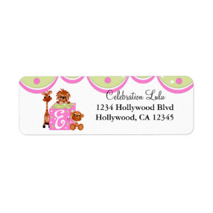 Pink Letter E Baby Animal Return Address Label