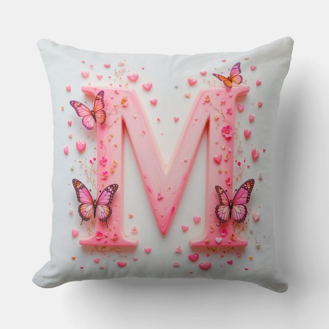 Pink Letter M Design With Butterflies Throw Pillow (Front)
