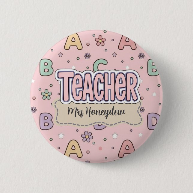 Pink Letters Teacher  School Pattern  2 Inch Round Button (Front)