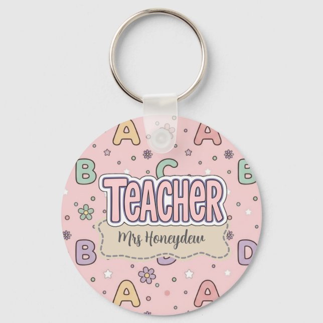 Pink Letters Teacher  School Pattern  Keychain (Front)