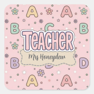 Pink Letters Teacher  School Pattern  Square Sticker