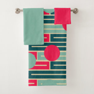 Pink, Light Blue, Teal Rectangles and Circles  Bat Bath Towel Set