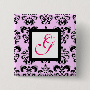 PINK LILAC BLACK DAMASK WHITE SQUARE MONOGRAM 2 INCH SQUARE BUTTON