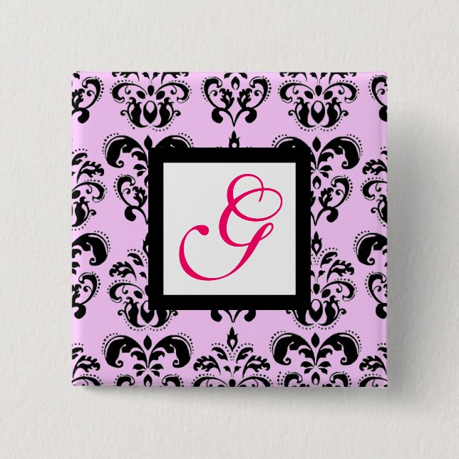 PINK LILAC BLACK DAMASK WHITE SQUARE MONOGRAM 2 INCH SQUARE BUTTON (Front)