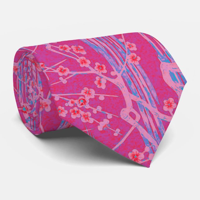 PINK LILAC BLUE SAKURA FLOWERS Japanese Floral  Tie (Rolled)