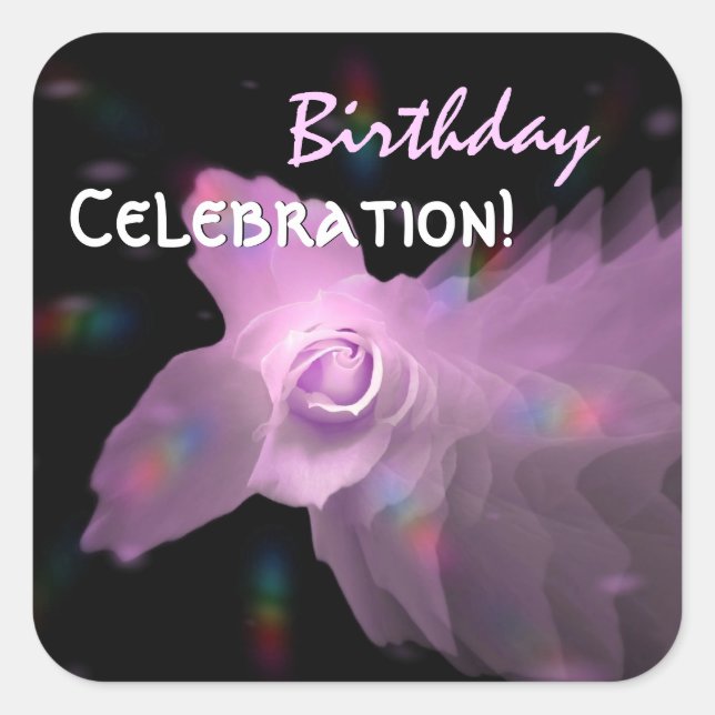 Pink Lilac Dancing Butterfly Rose Birthday Square Sticker (Front)