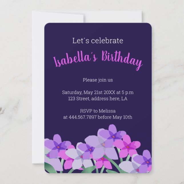 Pink lilac floral personalized birthday invitation (Front)