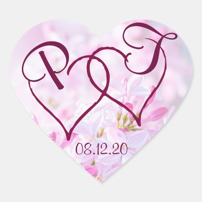 Pink lilac flowers and Two hearts customizable Heart Sticker (Front)