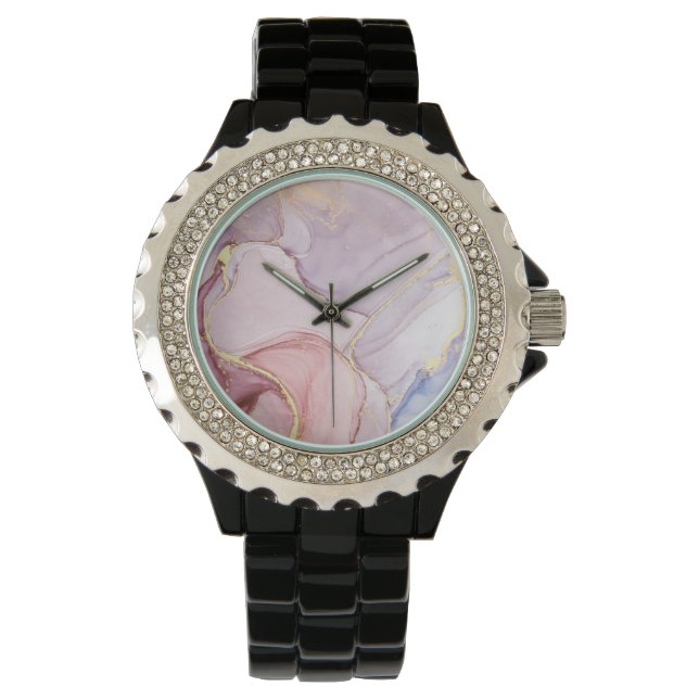 PINK LILAC MARBLE DESIGN BLACK SPARKLE WATCH (Front)