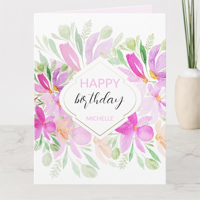 Pink Lilac Modern Boho Watercolor Floral Card (Front)