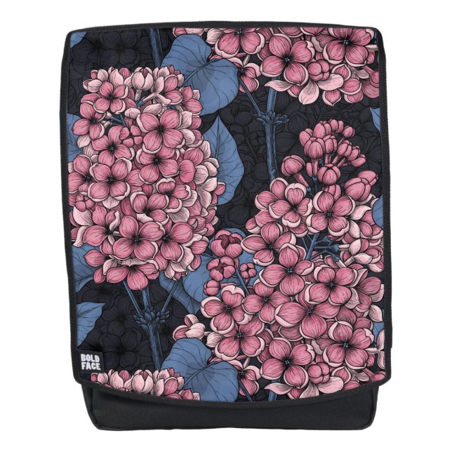 Pink lilac on dark blue backpack (Front)