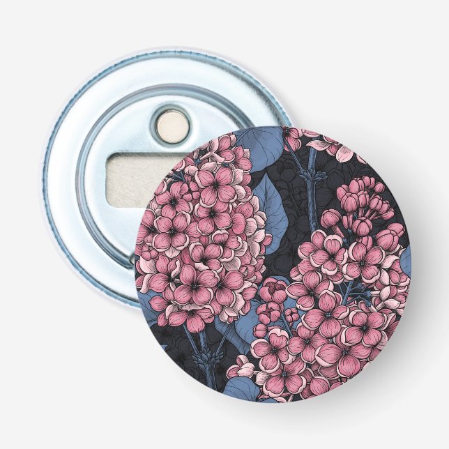 Pink lilac on dark blue bottle opener (Front)
