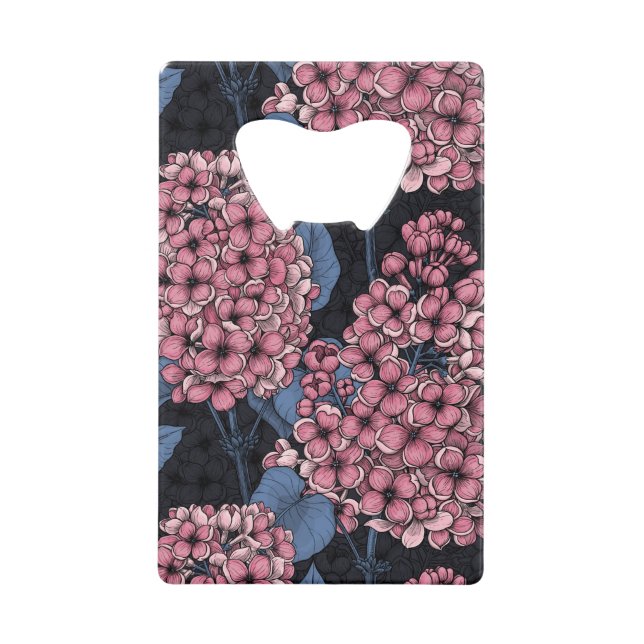 Pink lilac on dark blue credit card bottle opener (Front)