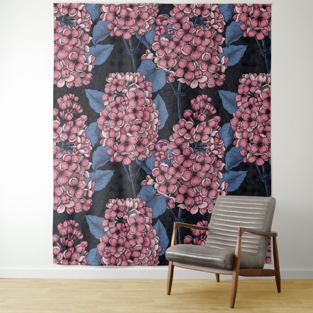 Pink lilac on dark blue tapestry (In Situ)