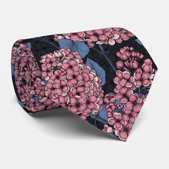 Pink lilac on dark blue tie (Rolled)