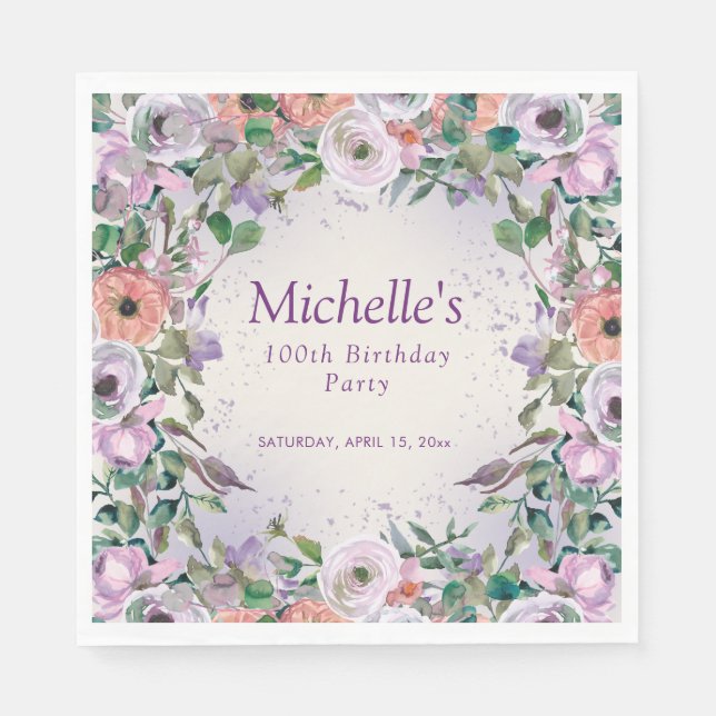 Pink Lilac Purple Watercolor Floral 100th Birthday Napkin (Front)