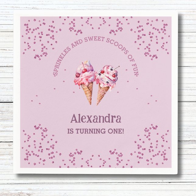 Pink Lilac Scoop Girl Ice Cream 1st Birthday Party Napkin (Creator Uploaded)