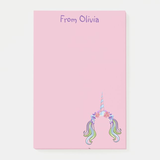 Pink & Lilac Unicorn Photo & Name  Post-it Notes (Front)
