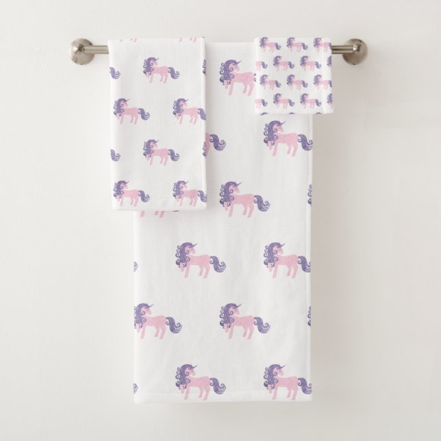 PINK LILAC UNICORN WHITE BATHROOM TOWEL SET (Insitu)