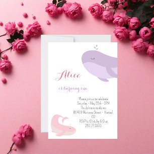 Pink Lilac Whale Sea Fish 1st Birthday Party Invitation