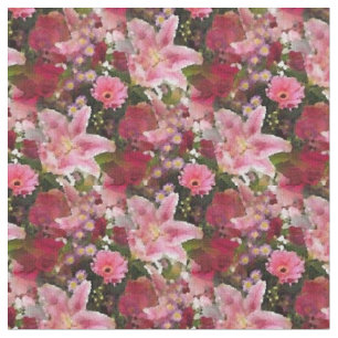 Pink Lilies and Red Roses Watercolor Floral Fabric