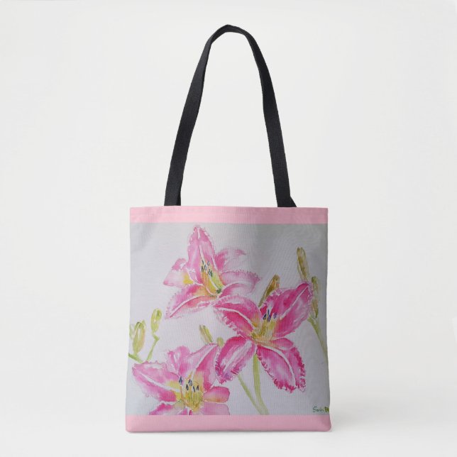 Pink Lilies Floral Watercolor Tote Bag (Front)