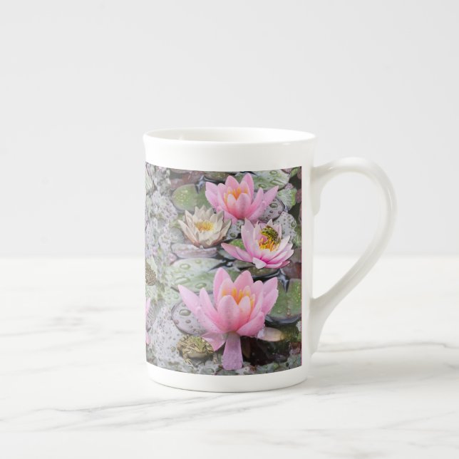 Pink Lilies on a garden pond with little frogs Esp Bone China Mug (Right)