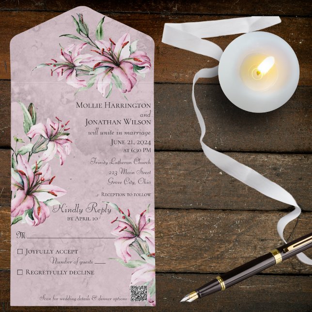 Pink Lilies on Distressed Mauve with QR Code All In One Invitation (Creator Uploaded)