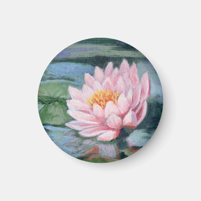 Pink Lilies on Greens and Blues—Round Magnet (Front)