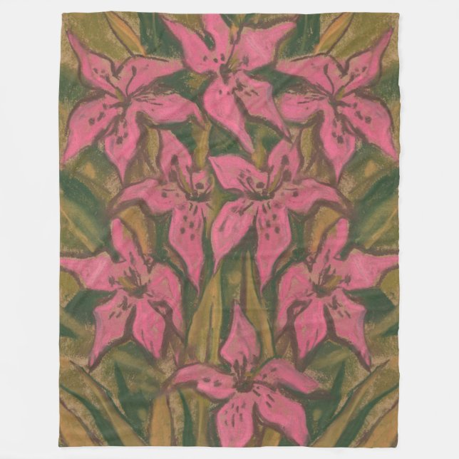 Pink Lilies, pastel painting, flowers, floral art Fleece Blanket (Front)