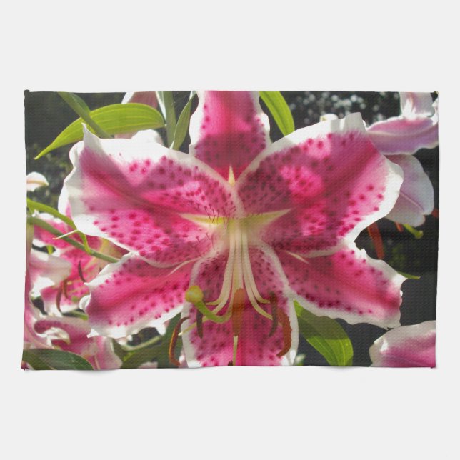 Pink lilies pink tropical flowers pink floral kitchen towel (Horizontal)